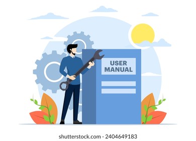 user guide concept with people, people reading operation manual, requirements and specification documents. Can be used for, landing page, template, ui, web, mobile app, banner. vector illustration.