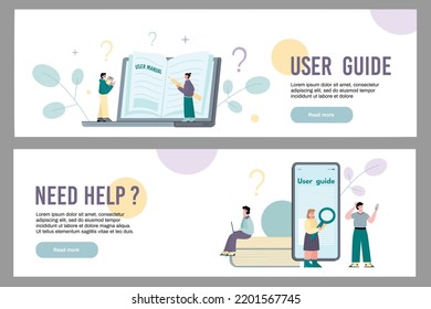 User Guide And Customer Support Concepts, Web Banners Set In Flat Style, Vector Illustration. Tiny Characters Reading And Writing In Guideline For Users. Manual Handbook In Mobile Phone.