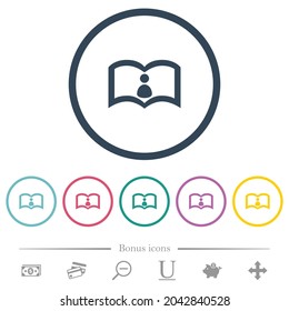 User guide flat color icons in round outlines. 6 bonus icons included.