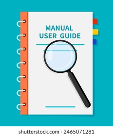 User guide, guidebook manual instruction. Vector ring-bound user service book with a magnifying glass over it, suggesting detailed examination or guidance, help, customer support and information data