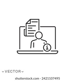 user guide icon, help computer testing, use manual, customer reference or guidebook, training instruction, thin line symbol isolated on white background, editable stroke eps 10 vector illustration.