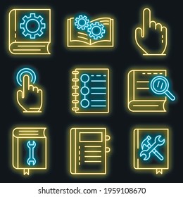 User guide icons set. Outline set of user guide vector icons neon color on black