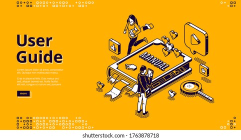 User guide isometric landing page, tiny people around of huge manual book, woman carry documents, man use gadget. Instruction booklet, tutorial help, guidance information 3d vector line art web banner