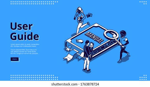 User guide isometric landing page, tiny people around of huge manual book, woman carry documents, man use gadget. Instruction booklet, tutorial help, guidance information 3d vector line art web banner