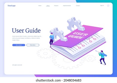 User guide isometric landing page, tiny people at huge manual book, guidance document with cogwheels, men use gadget and screwdriver. Instruction guidance booklet, tutorial help, 3d vector web banner