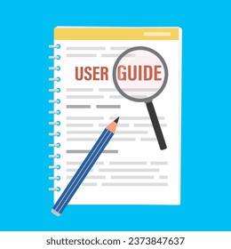 User guide with magnifying glass and pencil. User manual top view. FAQ, guidance. Cartoon textbook isolated on blue background. Flat design vector illustration