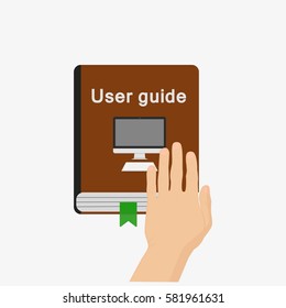 User guide with man hand above. Isolated on white background. Flat vector stock illustration