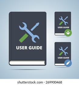 User Guide Manual Book Illustration In Flat Style With Settings Icon And Download Edit Modifications. 