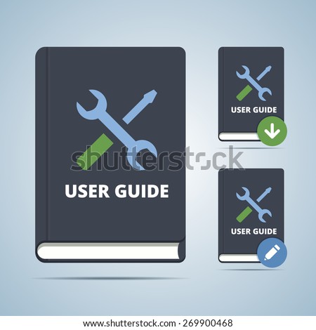 User guide manual book illustration in flat style with settings icon and download edit modifications. 