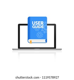 User guide manual book on laptop, flat style. vector stock illustration