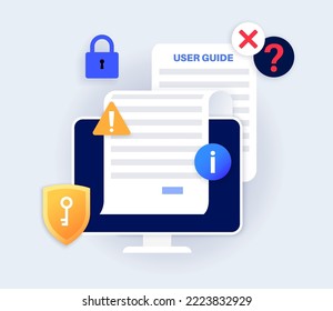 User guide manual on computer. Guidebook concept. Digital information on monitor, training or FAQ on display. Support help online, education text or tutorial on the internet flat vector illustration.