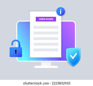 User guide manual on computer. Guidebook concept. Digital information on monitor, training or FAQ on display. Support help online, education text or tutorial on the internet flat vector illustration.