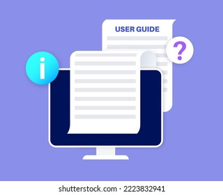 User guide manual on computer. Guidebook concept. Digital information on monitor, training or FAQ on display. Support help online, education text or tutorial on the internet flat vector illustration.