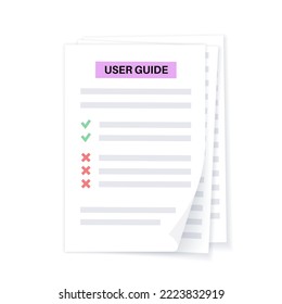 User guide manual on page. Guidebook concept. Information on a sheet, training or FAQ on white paper. Write and wrong icons. Support help, education text or tutorial flat vector illustration.