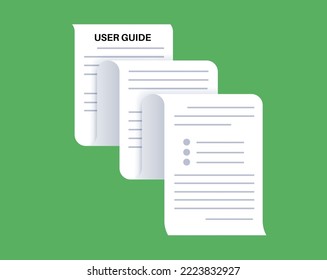 User guide manual on page. Guidebook concept. Information on a long sheet, training or FAQ on white paper. Support help, education text or tutorial on the green background flat vector illustration.