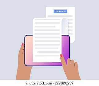 User guide manual on tablet. Guidebook concept. Digital information on pad, training or FAQ on display. Support help online, education text or tutorial on the internet flat vector illustration.