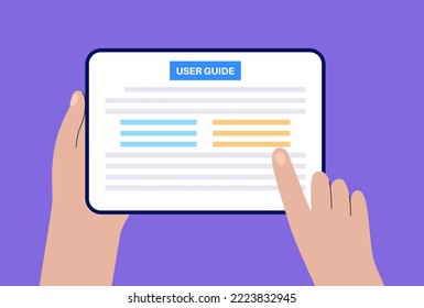 User guide manual on tablet. Guidebook concept. Digital information on pad, training or FAQ on display. Support help online, education text or tutorial on the internet flat vector illustration.