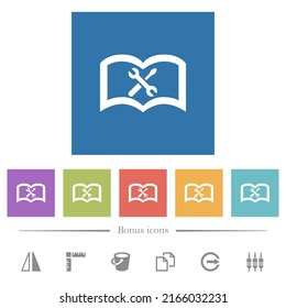 User guide with wrench and screwdriver flat white icons in square backgrounds. 6 bonus icons included.