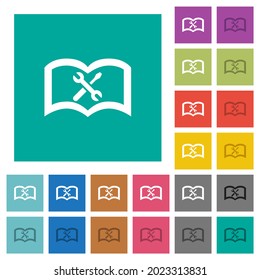 User guide with wrench and screwdriver multi colored flat icons on plain square backgrounds. Included white and darker icon variations for hover or active effects.