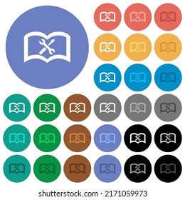 User guide with wrench and screwdriver multi colored flat icons on round backgrounds. Included white, light and dark icon variations for hover and active status effects, and bonus shades.