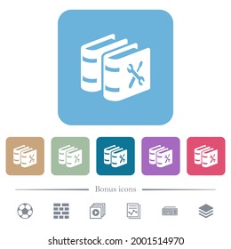 Guía de usuario con iconos planos de llave y destornillador blancos en fondo cuadrado redondeado de color. 6 iconos de bonificación incluidos