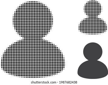 User halftone dotted icon. Halftone array contains round points. Vector illustration of user icon on a white background.