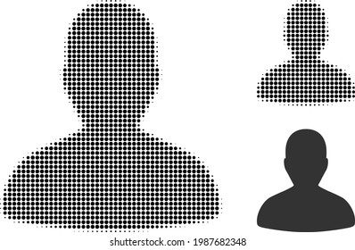 User halftone dotted icon. Halftone pattern contains round points. Vector illustration of user icon on a white background.