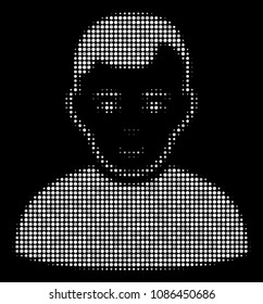 User halftone vector pictogram. Illustration style is dotted iconic user icon symbol on a black background. Halftone matrix is sphere elements.