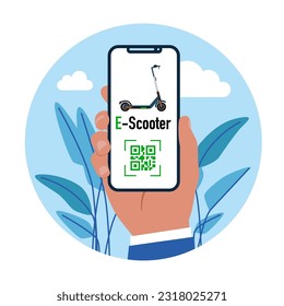 User hand with big smartphone with Electro scooter and QR code icon. Modern vector illustration in flat style