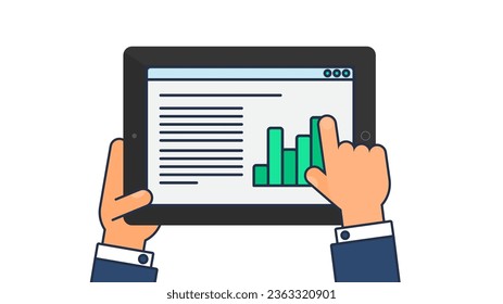 User hand enters data on website of Price Chart Analysis on portable tablet. Exchange web page UI menu on screen of digital gadget. Outline stroke vector isolated on white background