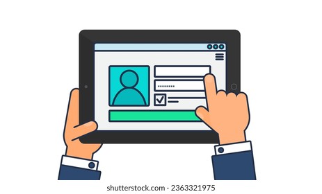 User hand enters data on website of consumer on portable tablet. Identification web page UI menu on screen of digital gadget. Outline stroke vector isolated on white background
