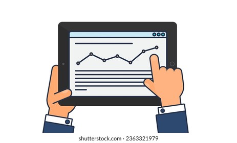 User hand enters data on website of Client on portable tablet. Analysis Data web page UI menu on screen of digital gadget. Outline stroke vector isolated on white background