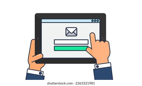 User hand enters data on website of mailbox on portable tablet. Personal web page UI menu on screen of digital gadget. Outline stroke vector isolated on white background