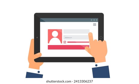 User hand enters data on website of registration on portable laptop. Unlock web page menu on screen of digital gadget. Simple flat vector isolated on white background