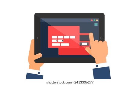 User hand enters data on website of Banking Personal Account on portable laptop. Private data web page menu on screen of digital gadget. Simple flat vector isolated on white background