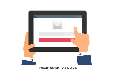 User hand enters data on website of profile on portable laptop. Consumer web page menu on screen of digital gadget. Simple flat vector isolated on white background