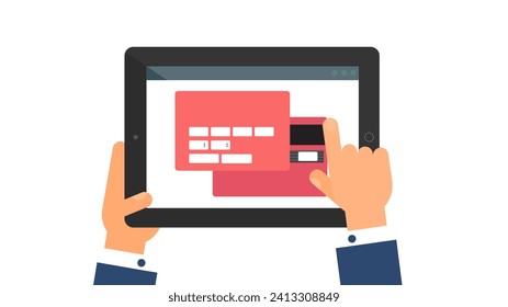 La mano de usuario introduce los datos en el sitio web de Identificación en un portátil portátil. Menú de la página web Número de tarjeta en la pantalla del gadget digital. Vector plano simple aislado en fondo blanco