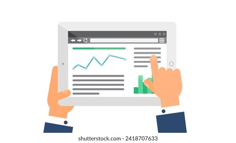 User hand enters data on website of chart market on portable laptop. Consumer web page menu on screen of digital gadget. Simple flat vector isolated on white background