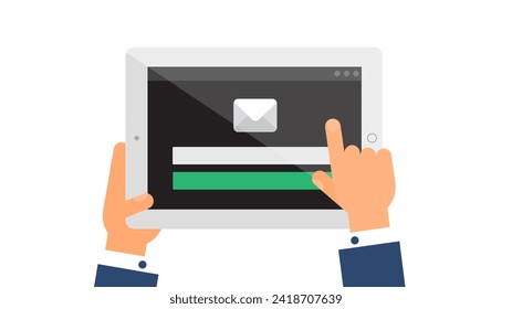 La mano de usuario introduce datos en el sitio web del registro de cliente en un portátil portátil. Menú de la página web Datos de autenticación en pantalla de gadget digital. Vector plano simple aislado en fondo blanco