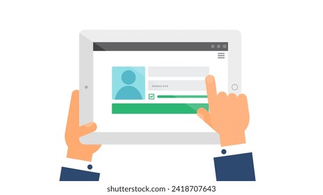 User hand enters data on website of Account on portable laptop. Privacy web page menu on screen of digital gadget. Simple flat vector isolated on white background