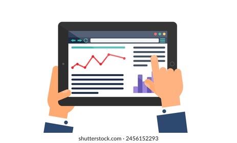 User hand enters data on website of Exchange Rate on portable laptop. Bank analytical information web page on screen of digital gadget. Simple flat vector isolated on white background