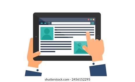 User hand enters data on website of Job Application Form on portable laptop. Employee Data web page menu on screen of digital gadget. Simple flat vector isolated on white background