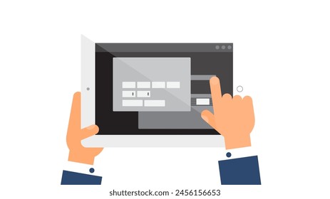 User hand enters data on website of Bank on portable laptop. Bank card web page menu on screen of digital gadget. Simple flat vector isolated on white background