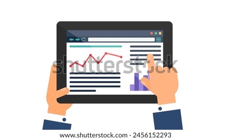 User hand enters data on website of Exchange Rate on portable laptop. Bank analytical information web page on screen of digital gadget. Simple flat vector isolated on white background