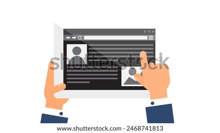 User hand enters data on website of questionnaire on portable laptop. Worksheet web page menu on screen of digital gadget. Simple flat vector isolated on white background