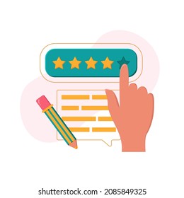 User hand gives a positive rating to the service or product. Feedback. Customer service concept. Five stars rating.