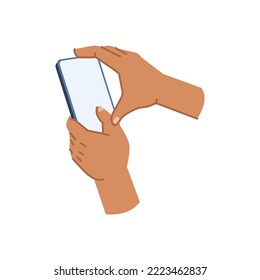 User hand holding smartphone, isolated arms using mobile phone. Modern cell with touchscreen, flat and big empty screen with copy space. Vector in flat cartoon style