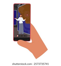 User hand holding smartphone with woman host of weather forecast performing cyclone movement on continent. Mobile application, internet service for live streaming using isolated vector illustration