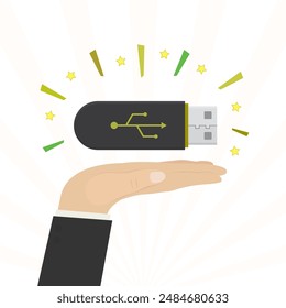 La mano del usuario sostiene la tarjeta flash usb grande. disco de unidad flash confiable y seguro. Tecnología moderna, dispositivo, base de datos, almacenamiento de información. Ilustración vectorial plana.