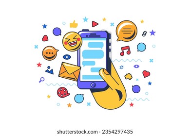 User hand holds smartphone gadget with icons of online correspondence. Using mobile devices to send messages and chat with friends. Cartoon outline vector concept isolated on white background